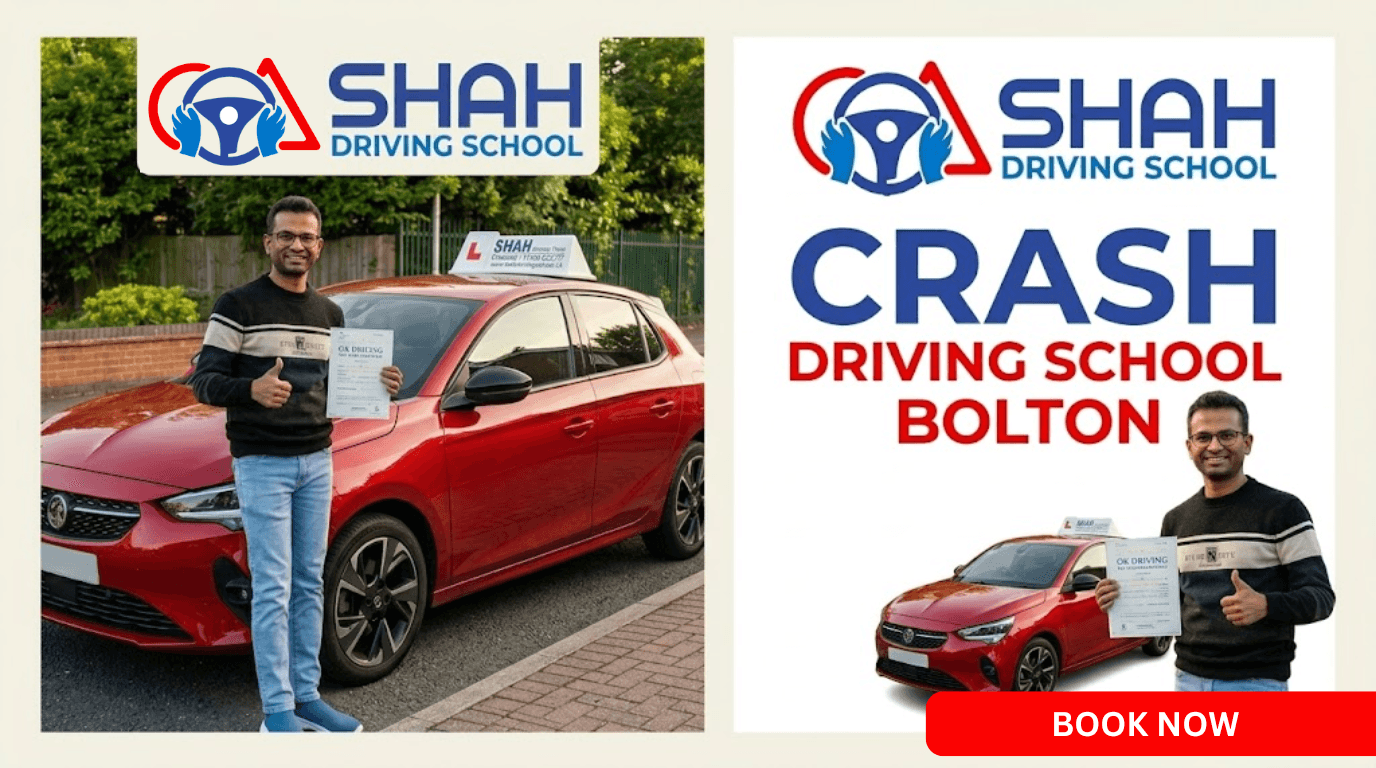 Premium marketing banner for Shah Driving School promoting a crash driving course in Bolton, featuring a successful student holding his certificate next to a red car and a clear text overlay reading Crash Driving School Bolton.