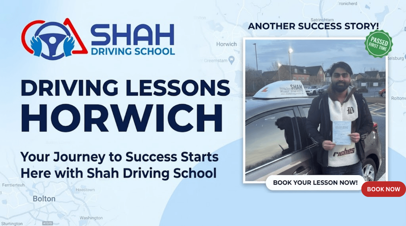 A successful student holding a driving test pass certificate next to a Shah Driving School car in Horwich, promoting driving lessons.