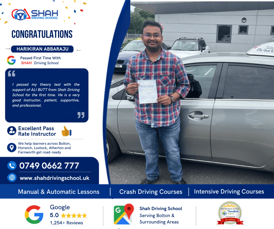 First-time driving test pass after quality driving lessons Horwich with Shah Driving School.