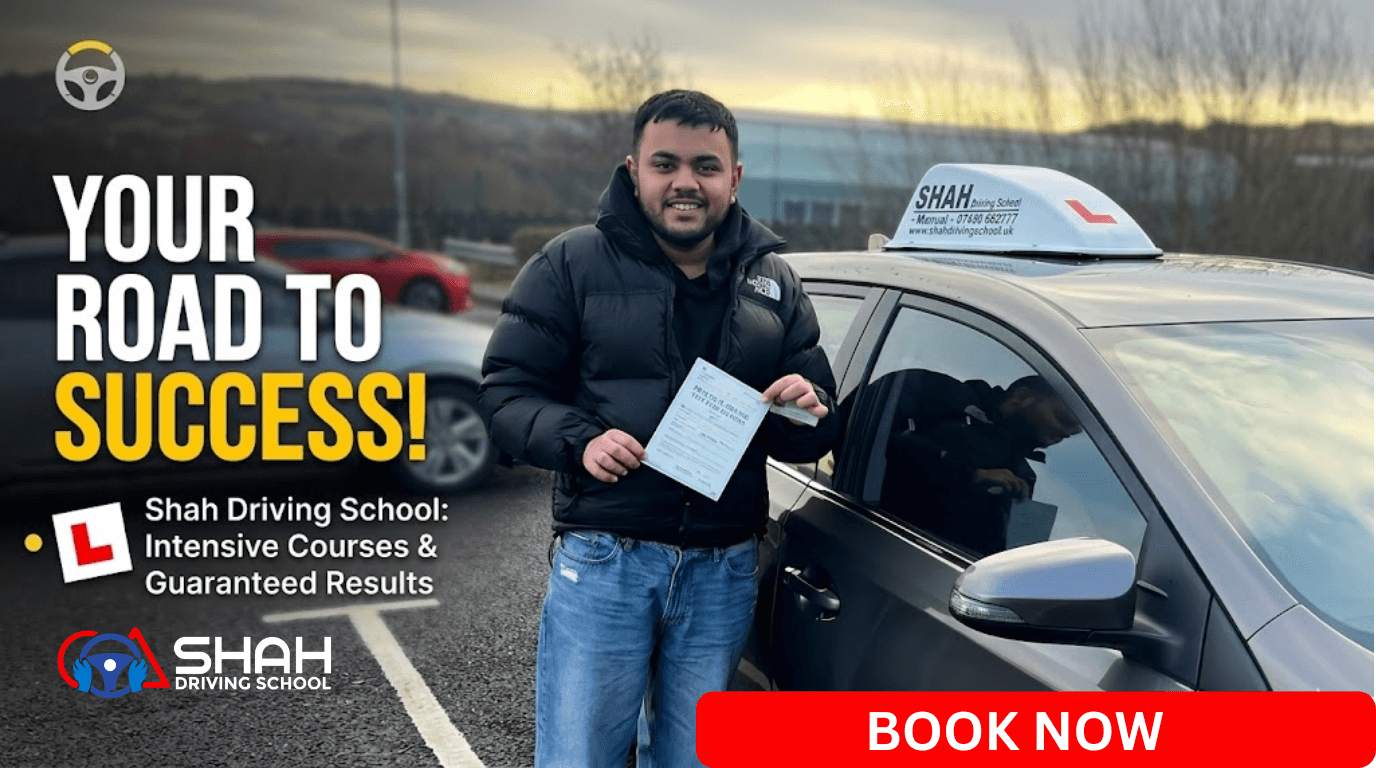 A proud student holding his practical driving test pass certificate next to a silver Shah Driving School tuition car with an L-plate roof sign, promoting intensive driving instructors in Deane.
