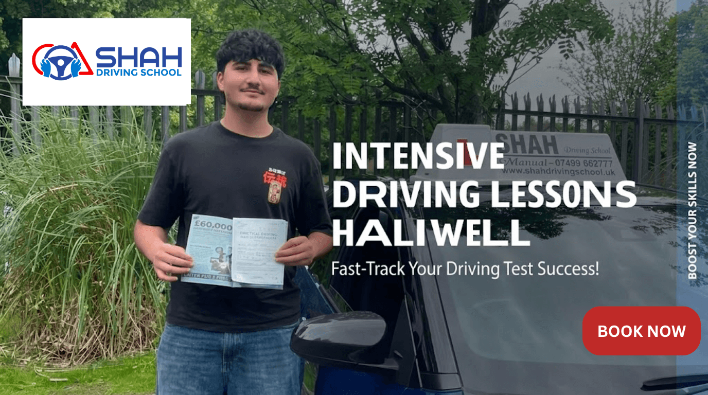 A happy student holding a driving test pass certificate next to a blue Shah Driving School car in Halliwell.