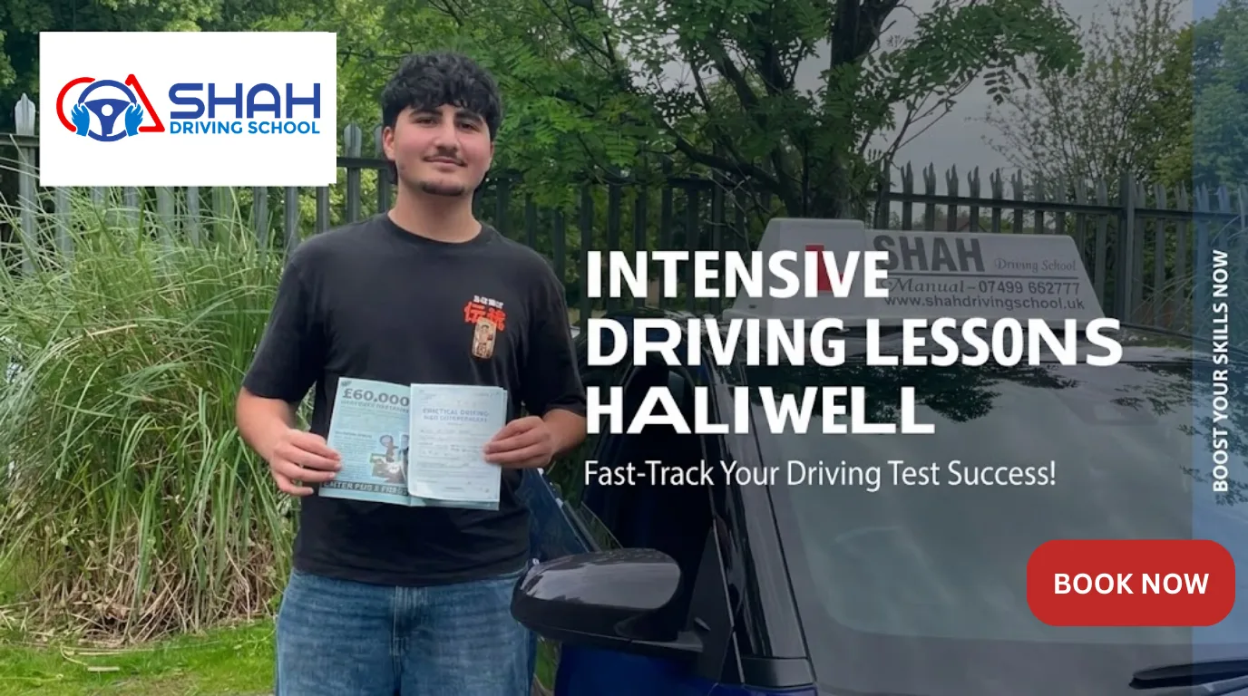 A happy student holding a driving test pass certificate next to a blue Shah Driving School car in Halliwell.