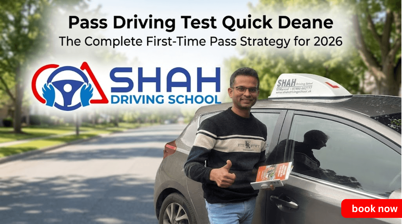 Professional driving instructor standing next to a grey Shah Driving School tuition car with a roof sign, featuring the company logo and text 'Pass Driving Test Quick Deane: The Complete First-Time Pass Strategy for 2026' on a clear suburban street background.