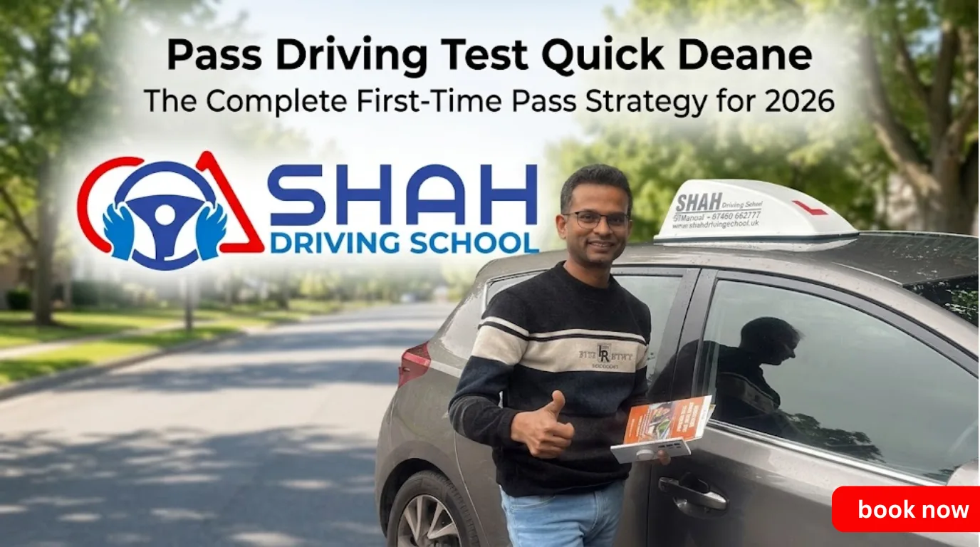 Professional driving instructor standing next to a grey Shah Driving School tuition car with a roof sign, featuring the company logo and text 'Pass Driving Test Quick Deane: The Complete First-Time Pass Strategy for 2026' on a clear suburban street background.