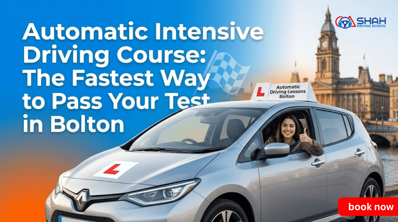 A dynamic web banner for a blog, featuring a branded white Renault Zoe automatic tuition car in front of the illuminated Bolton Town Hall clock tower. The banner includes integrated text: 'AUTOMATIC INTENSIVE DRIVING COURSE: THE FASTEST WAY TO PASS YOUR TEST IN BOLTON' with metallic and light trail effects, and a stylized checkered flag graphic. A smiling woman driver gives a thumbs up.