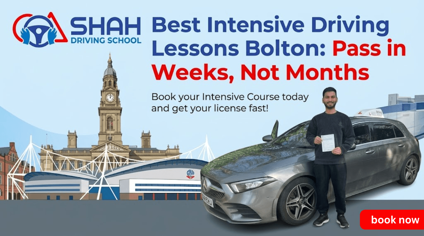 A happy student holding his practical driving test pass certificate next to a grey Mercedes car and the Shah Driving School logo, featuring a Bolton landmark background for intensive driving lessons in Bolton.