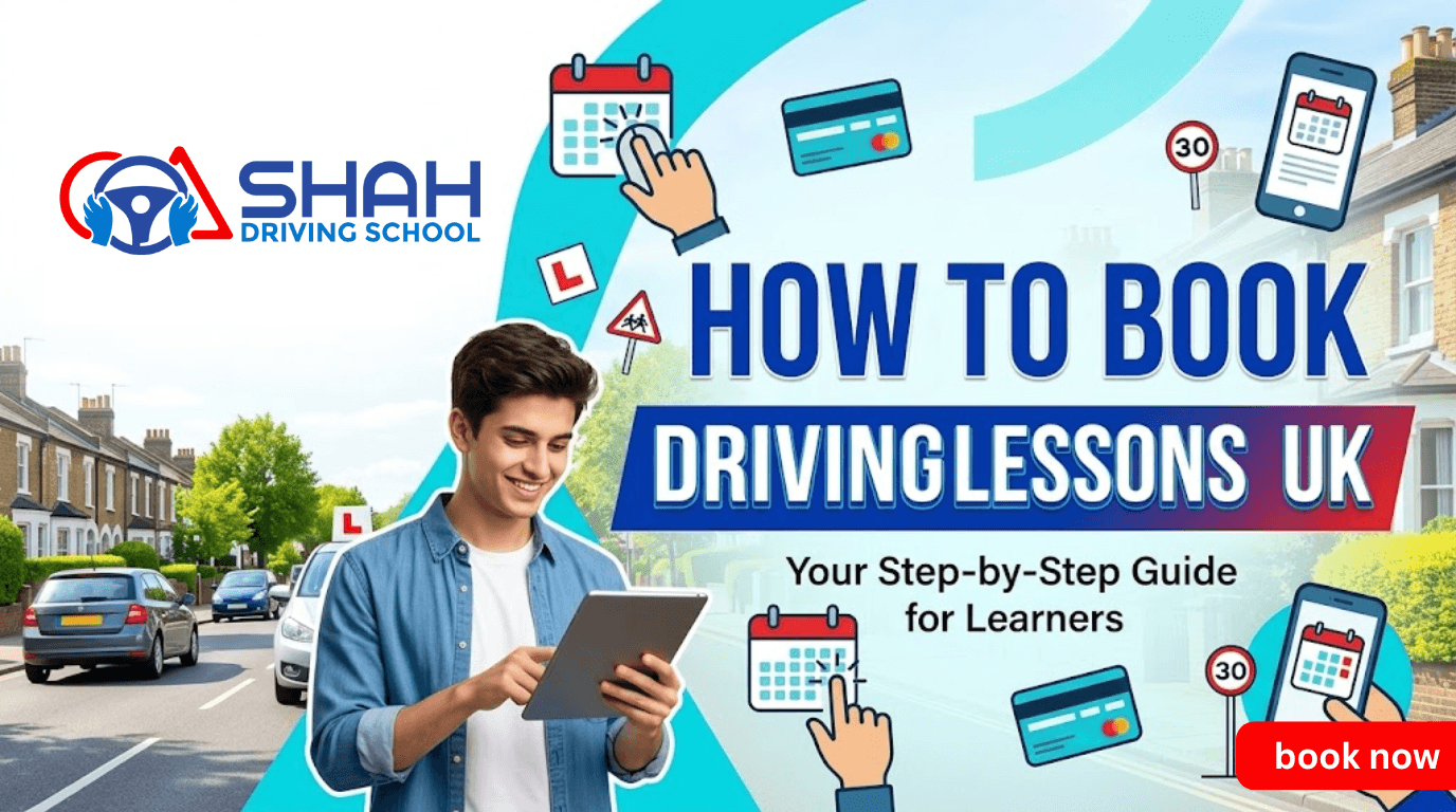 A young learner driver using a tablet to find out how to book driving lessons UK, next to the Shah Driving School logo and a street view of cars driving on the left side of the road.