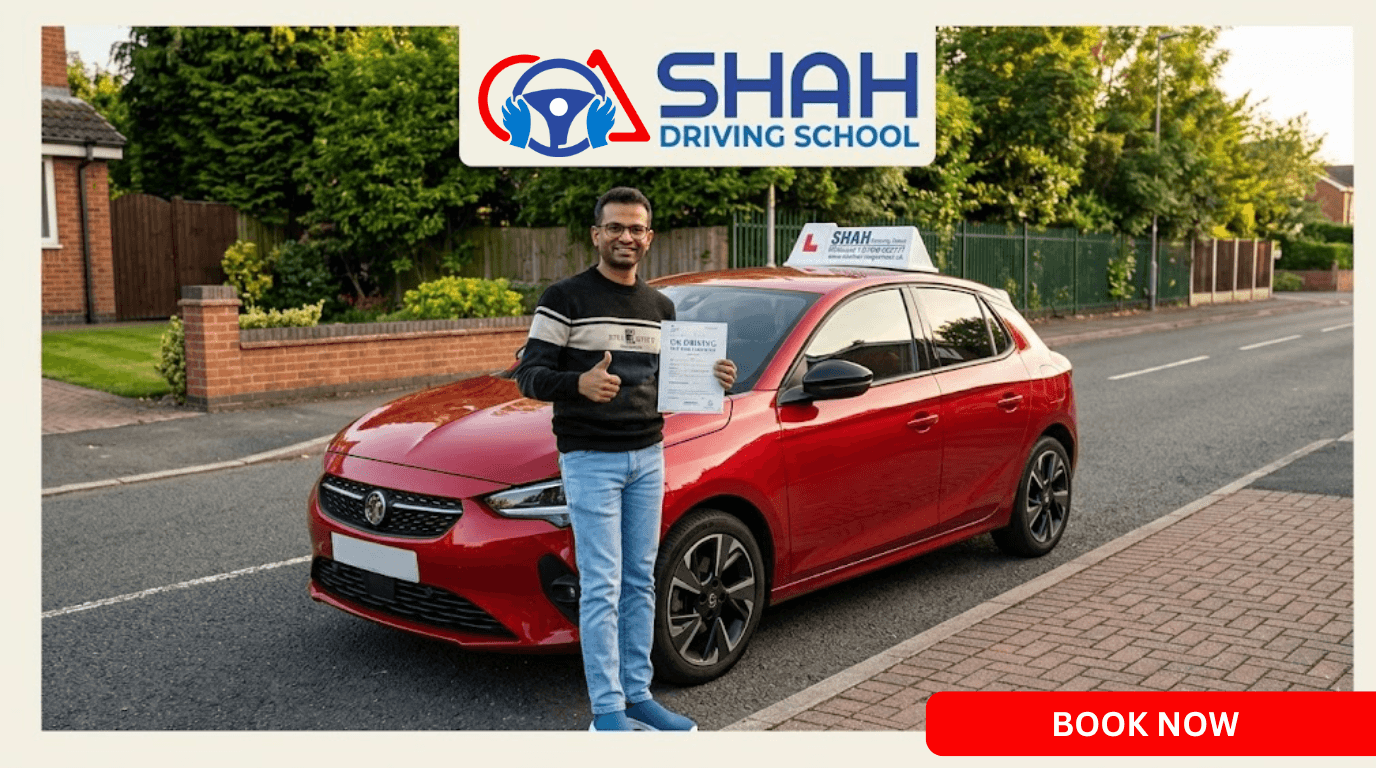 A happy student holding a fresh pass certificate next to a sleek red hatchback car with a Shah Driving School roof sign on a Bolton suburban street, booking a premium crash driving course in Bolton.
