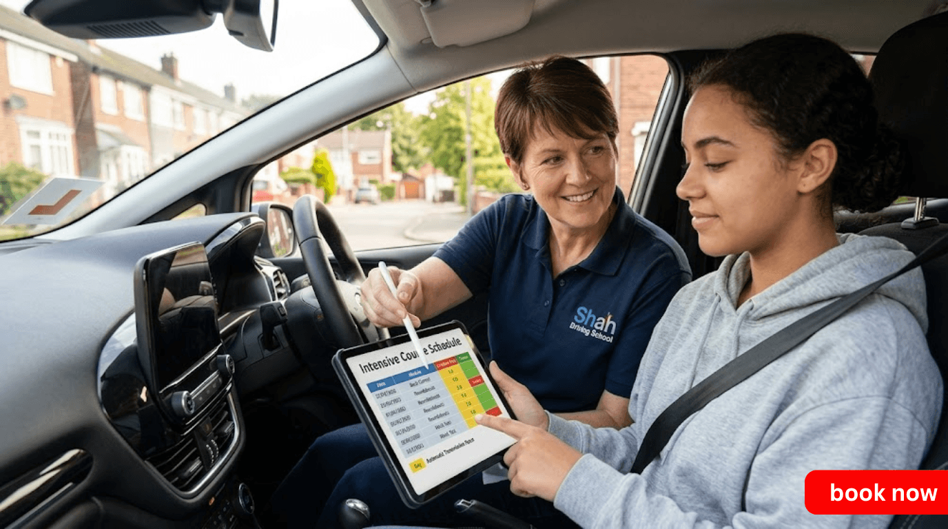 A professional female driving instructor wearing a Shah Driving School polo shirt helps a young female learner driver review a structured 'Intensive Course Schedule' on a tablet screen inside a modern automatic car.