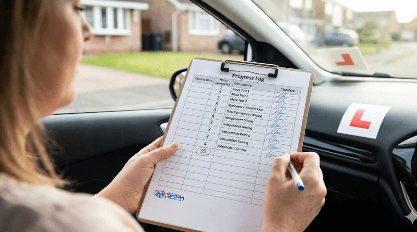 A driving instructor inside a tuition vehicle holding a clipboard with a structured driving progress log sheet, ticking off completed lesson hours and competencies like independent driving and parallel parking, with an L-plate visible on the dashboard.