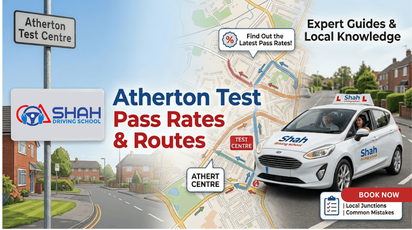 A promotional banner for Shah Driving School in Atherton, featuring a map of test routes, a white tuition car with an instructor and pupil, the school logo, and text about pass rates and local knowledge.