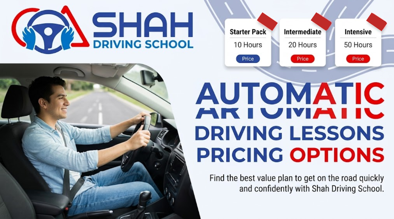 A modern website blog banner for 'Shah Driving School' focusing on automatic driving lesson prices. The top-left corner features the 'Shah Driving School' logo (a blue steering wheel, red accents, blue hands, and large blue text). The left side shows a confident young man in a denim shirt driving a car. The top-right shows three white pricing cards labeled 'Starter Pack', 'Intermediate', and 'Intensive' with lesson hours. The right side features large blue and red text that reads: 'AUTOMATIC DRIVING LESSONS PRICING OPTIONS'. Subtext below says: 'Find the best value plan to get on the road quickly and confidently with Shah Driving School.' The color palette uses red, white, and blue.