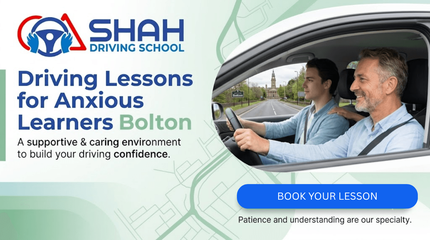 A website banner for Shah Driving School featuring the company logo, a supportive instructor and a calm student in a car with a view of Bolton Town Hall, and text advertising "Driving Lessons for Anxious Learners Bolton" with a call-to-action button to "Book Your Relaxing Trial Lesson."
