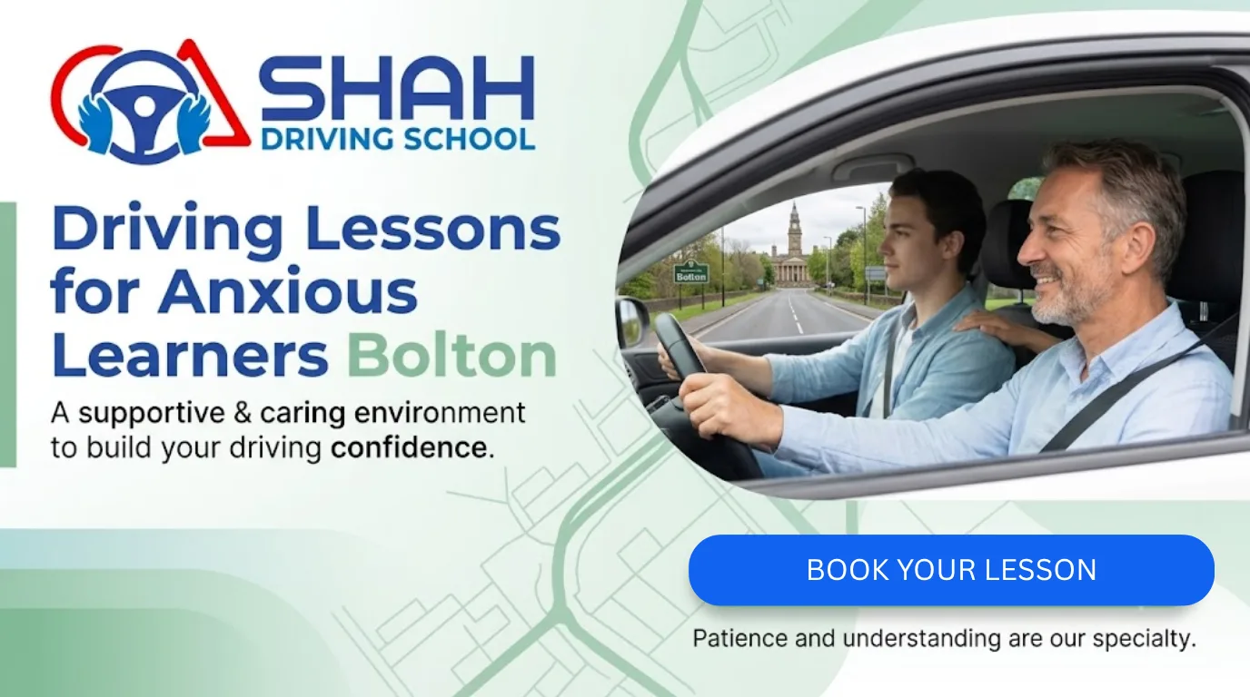 A website banner for Shah Driving School featuring the company logo, a supportive instructor and a calm student in a car with a view of Bolton Town Hall, and text advertising "Driving Lessons for Anxious Learners Bolton" with a call-to-action button to "Book Your Relaxing Trial Lesson."