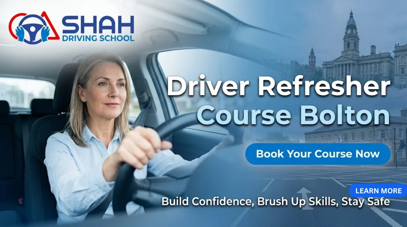 A middle-aged woman driving a car confidently, featured alongside text promoting a Driver Refresher Course in Bolton by Shah Driving School.