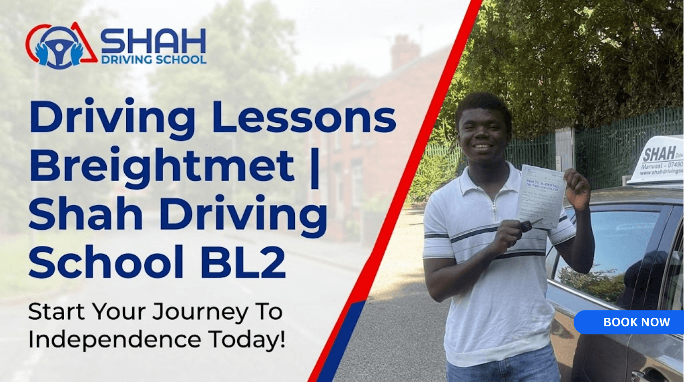 A marketing banner for Shah Driving School in Breightmet (BL2), featuring their official logo in the top left and the title "Driving Lessons Breightmet | Shah Driving School BL2". The banner uses a striking red and blue split-screen design. On the left is a faded residential street scene with the tagline "Start Your Journey To Independence Today!". On the right is a color photograph of a happy young man holding his official practical driving test pass certificate and car key next to a dark grey car with a Shah Driving School roof sign.