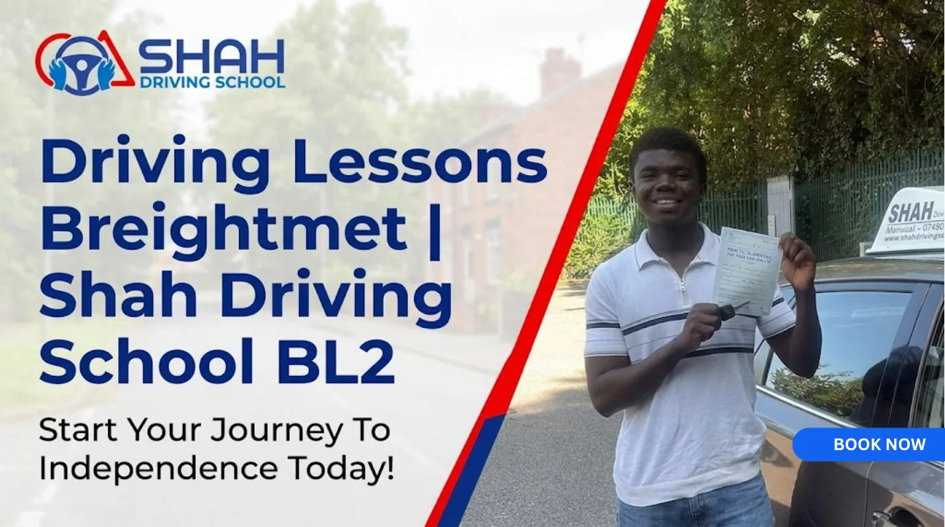 A marketing banner for Shah Driving School in Breightmet (BL2), featuring their official logo in the top left and the title "Driving Lessons Breightmet | Shah Driving School BL2". The banner uses a striking red and blue split-screen design. On the left is a faded residential street scene with the tagline "Start Your Journey To Independence Today!". On the right is a color photograph of a happy young man holding his official practical driving test pass certificate and car key next to a dark grey car with a Shah Driving School roof sign.