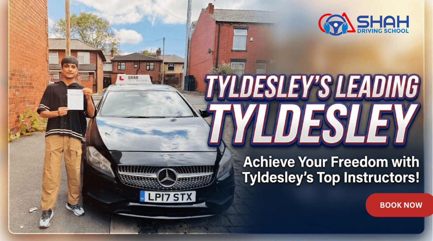 A proud student holding his practical driving test pass certificate next to a black Mercedes driving school car on a street in Tyldesley, featured on a blog banner.