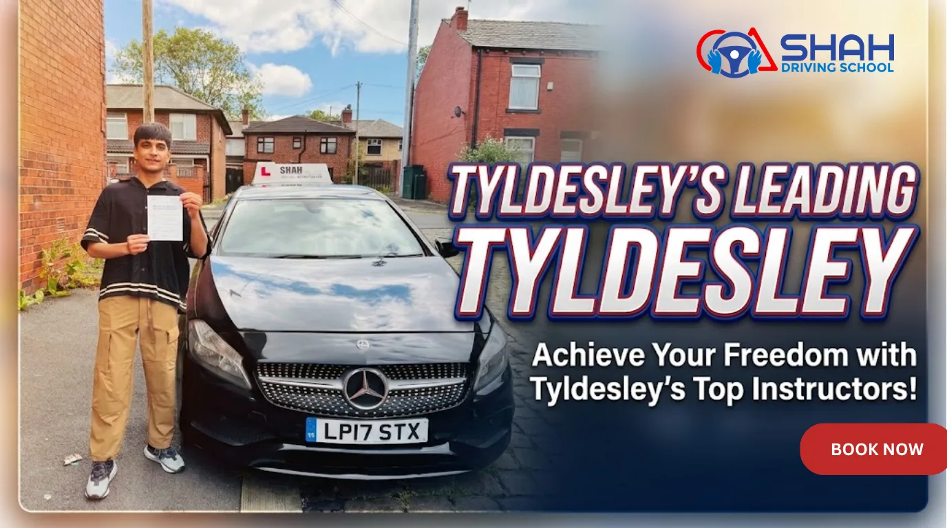 A proud student holding his practical driving test pass certificate next to a black Mercedes driving school car on a street in Tyldesley, featured on a blog banner.