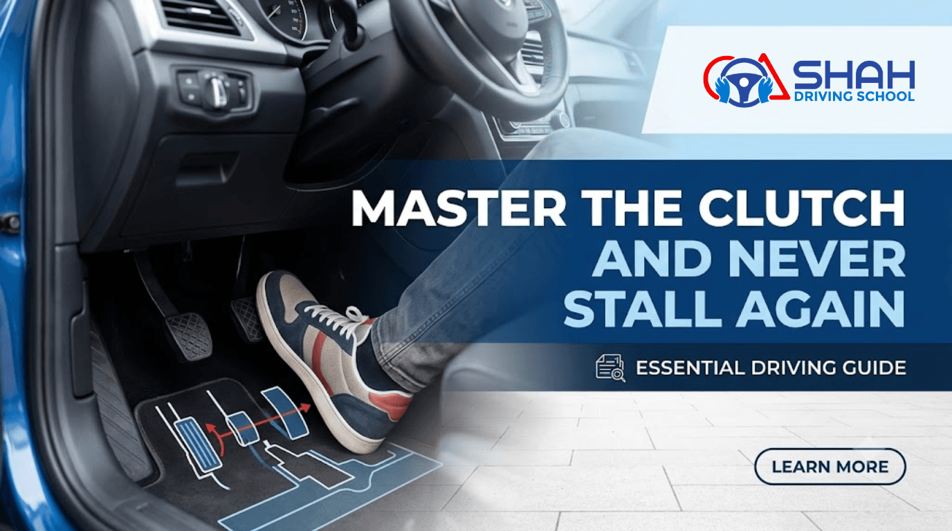 A driving school blog banner showing a close-up of a student driver’s foot engaging a manual clutch pedal. The title text reads "Master the Clutch and Never Stall Again." The Shah Driving School logo is prominently displayed in the top right.