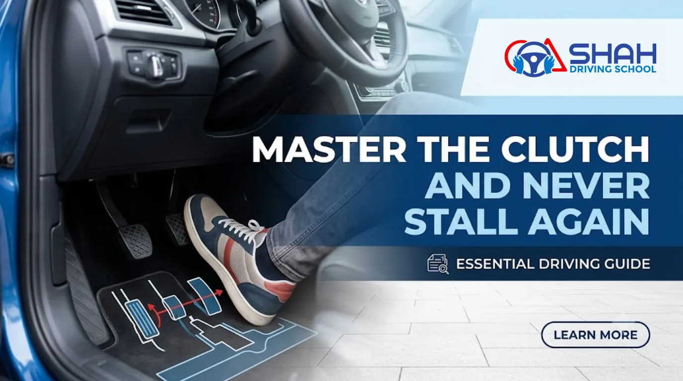 A driving school blog banner showing a close-up of a student driver’s foot engaging a manual clutch pedal. The title text reads "Master the Clutch and Never Stall Again." The Shah Driving School logo is prominently displayed in the top right.