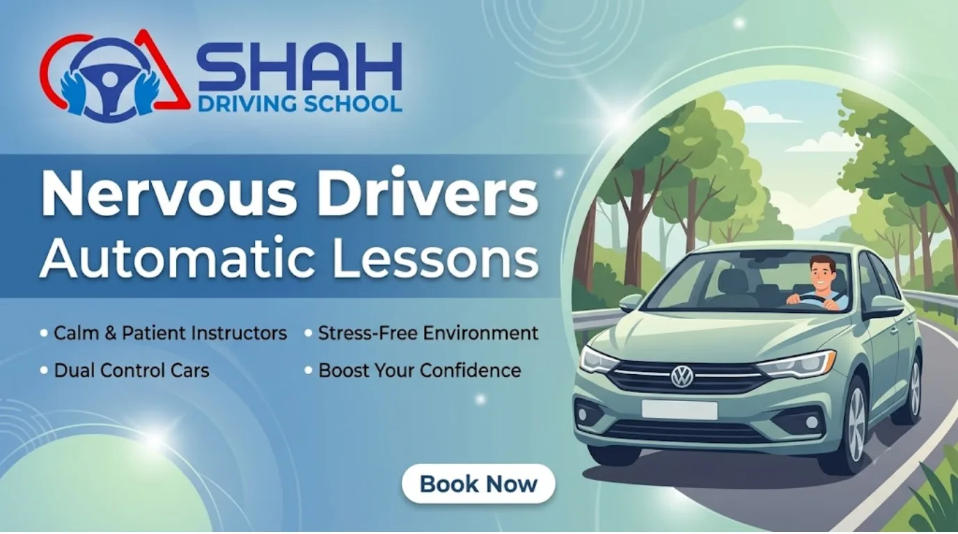 A marketing banner for Shah Driving School promoting automatic driving lessons for nervous drivers. The banner features the company logo (a steering wheel with hands), a car with a smiling driver on a tree-lined road, and text highlighting calm instructors and dual-control cars.