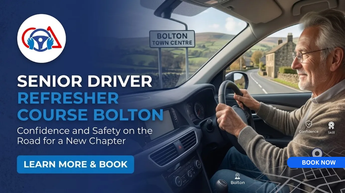 A promotional web banner for a senior driver refresher course in Bolton, featuring an older man smiling while driving a car. The Shah Driving School logo (steering wheel and hands in blue and red) is in the top-left, and text reads "SENIOR DRIVER REFRESHER COURSE BOLTON" and "Confidence and Safety on the Road for a New Chapter," with a "LEARN MORE & BOOK" button.