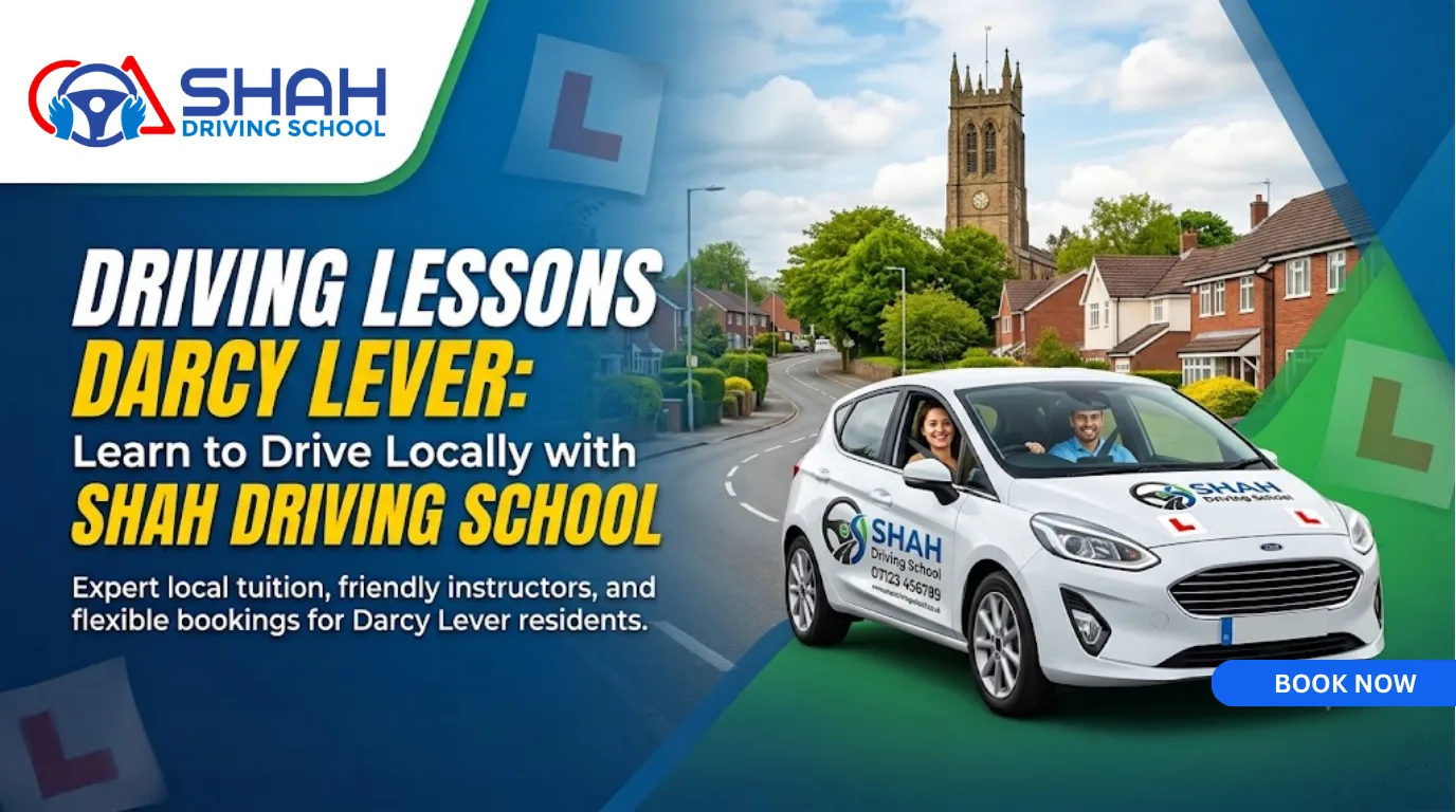 A white Ford driving school car with two instructors is on a road in the Darcy Lever neighborhood. A blue banner on the left side features the text "DRIVING LESSONS DARCY LEVER: Learn to Drive Locally with SHAH DRIVING SCHOOL". Below this, the text reads "Expert local tuition, friendly instructors, and flexible bookings for Darcy Lever residents."