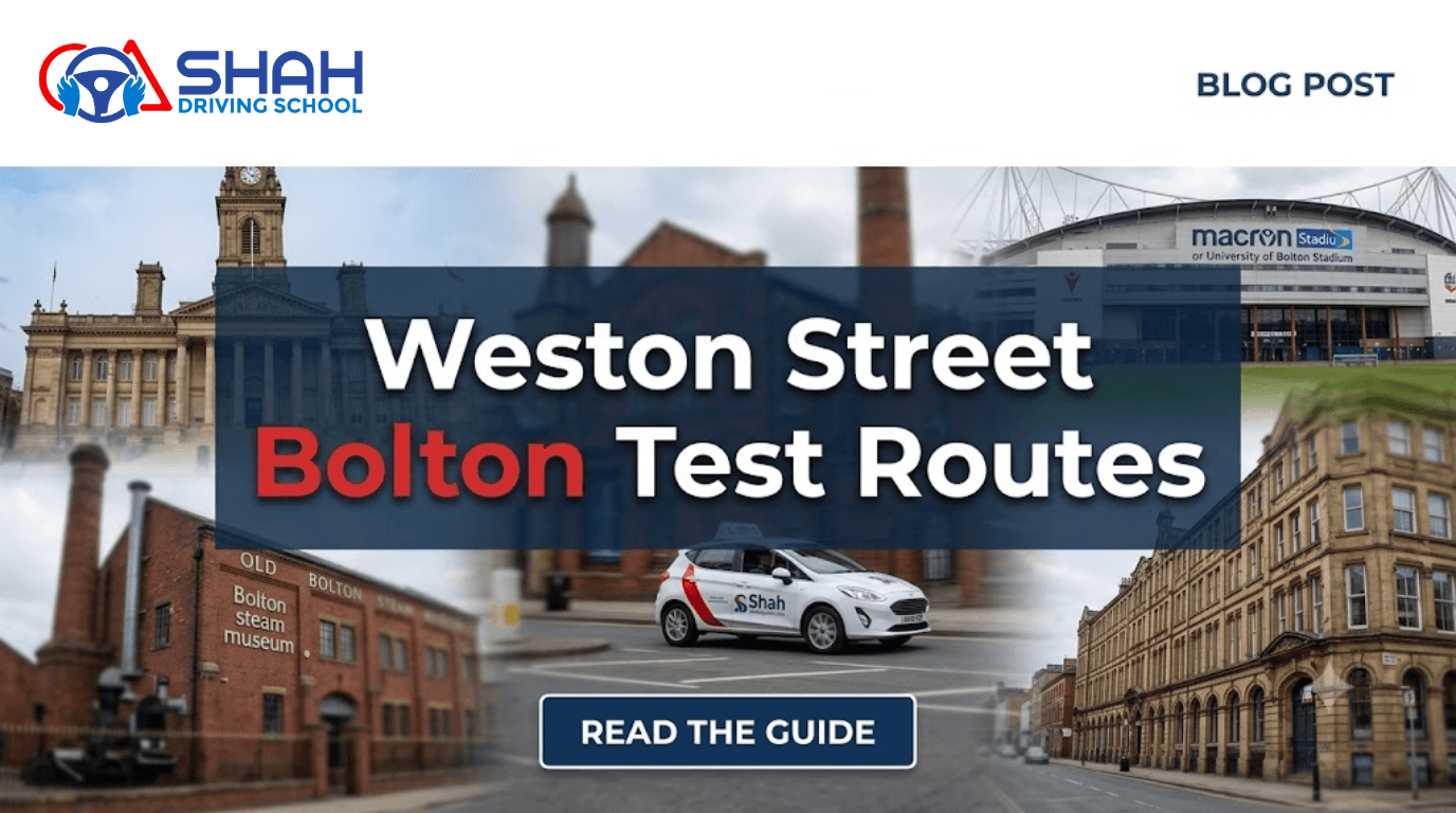 Weston Street Bolton Test Routes A professional website banner for Shah Driving School titled "Weston Street Bolton Test Routes" with a "Read the Guide" button. The banner showcases the blue and red Shah Driving School logo, a white training car on the road, and a collage of iconic Bolton landmarks in the background, including the Bolton Town Hall, Bolton Steam Museum, and the Bolton Wanderers stadium.