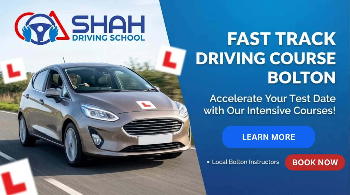 Shah Driving School website banner featuring a learner driver car and text reading Fast Track Driving Course Bolton with a Book Now call to action button.