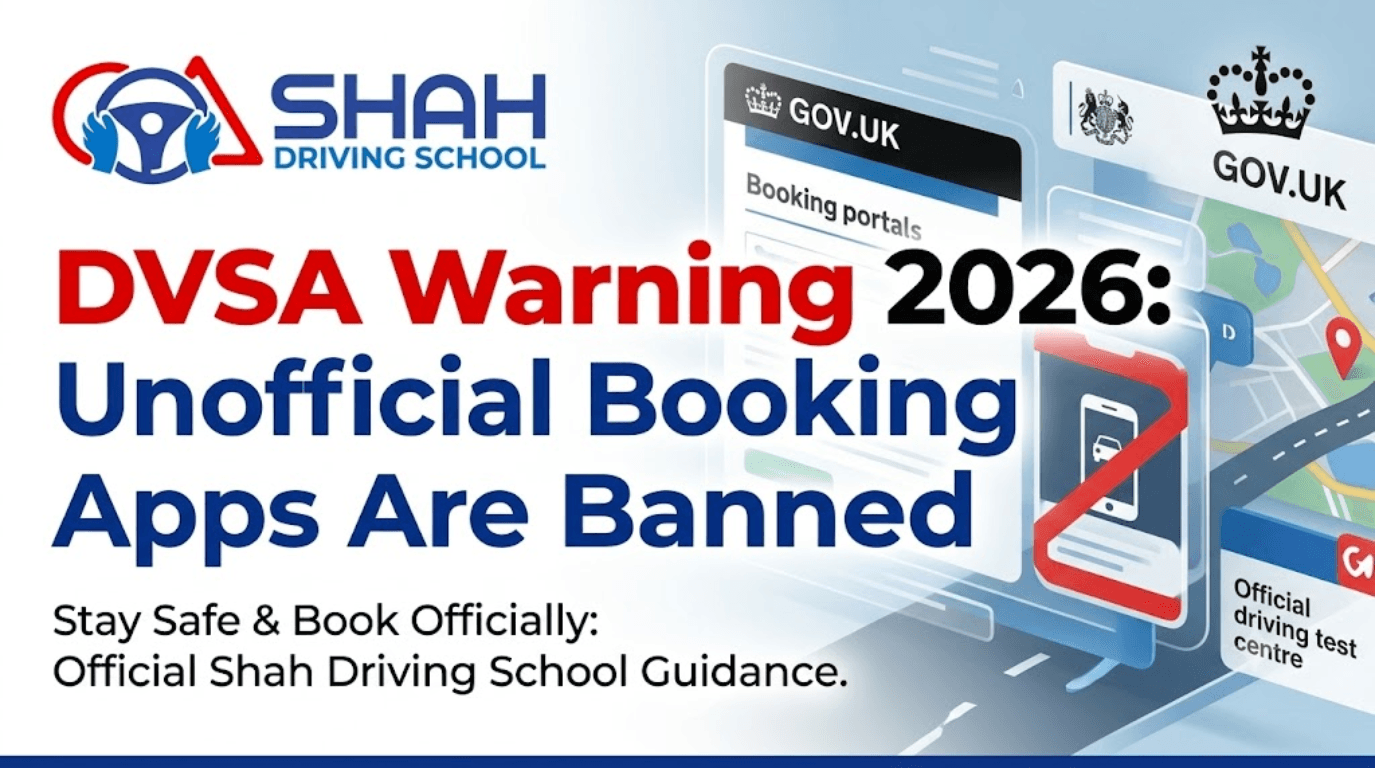 A blog banner from Shah Driving School featuring the official UK government GOV.UK branding. It alerts drivers to a 2026 ban on unofficial booking apps and advises using official channels to book driving tests.