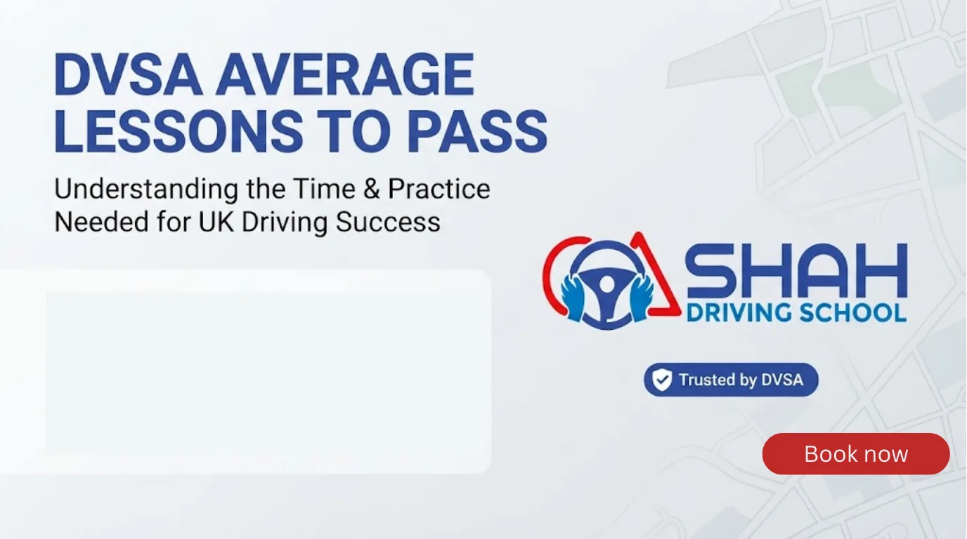 An informational banner for Shah Driving School titled "DVSA AVERAGE LESSONS TO PASS". It states that the approximate requirement is "44 HOURS" with an additional "22 hours private practice (on average)". The banner features the Shah Driving School logo (a steering wheel with hands inside a red triangular outline) and a "Trusted by DVSA" badge against a light grey map background.
