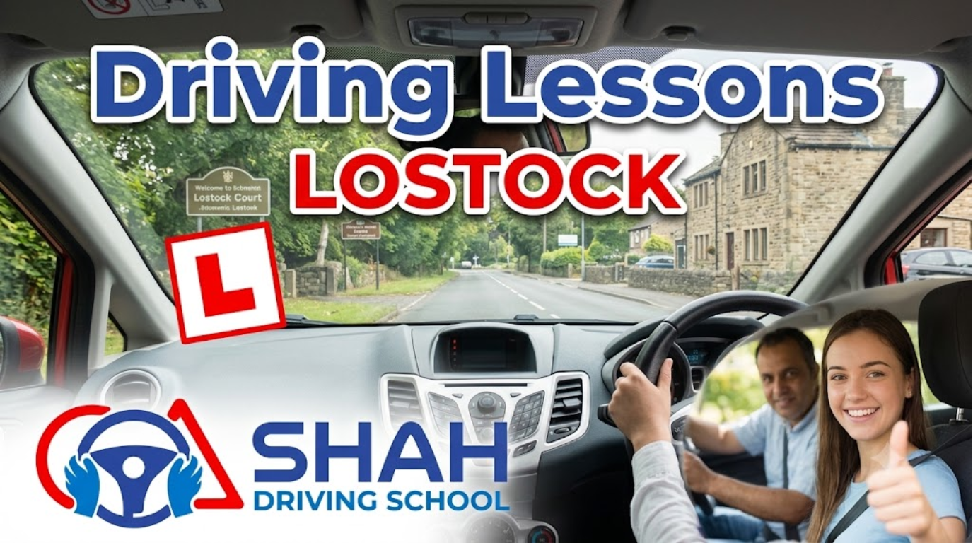 A detailed view of a car dashboard from the interior, looking out the front windshield. Prominent text at the top reads "Driving Lessons LOSTOCK" in bold, blue and red letters with a white outline. A red "L" plate is affixed to the glass, and the "SHAH DRIVING SCHOOL" logo is at the bottom. A inset image shows a smiling young woman giving a thumbs up from the driver's seat. The dashboard features controls for air conditioning, radio, and hazard lights, with a steering wheel and driver's hands in the foreground. Outside, a residential street with stone houses and trees is visible under an overcast sky.
