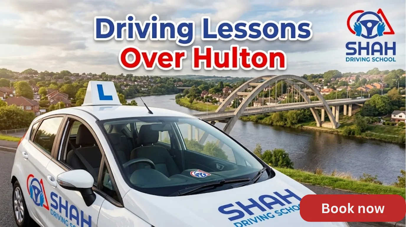 "A promotional banner featuring a white 'SHAH DRIVING SCHOOL' learner car with an 'L' roof sign parked on a hill overlooking a large river bridge and a town. The banner includes the blue and red title text 'Driving Lessons Over Hulton' at the top and the 'SHAH DRIVING SCHOOL' logo with a steering wheel graphic in the top-right corner and on the car door."