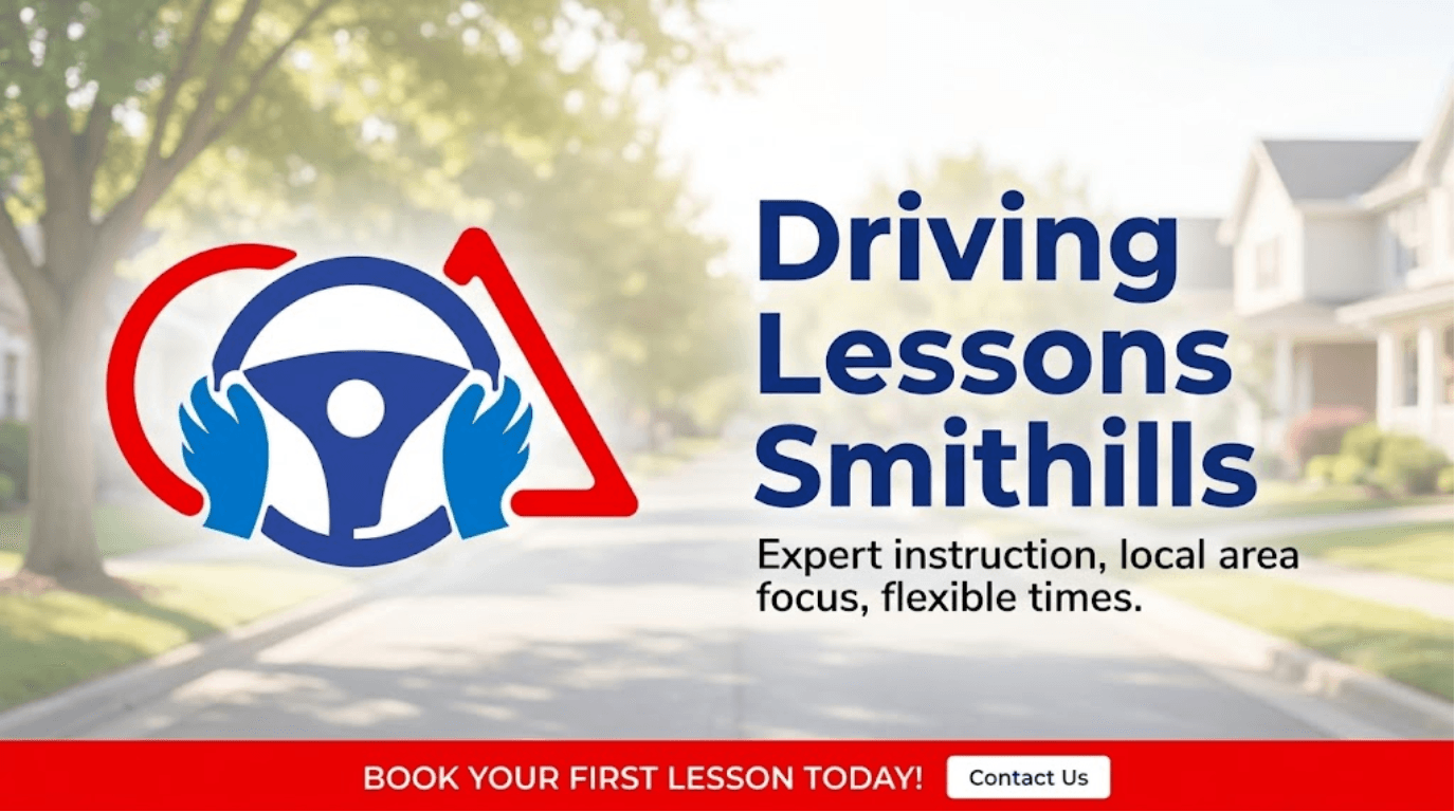 A marketing banner for SHAH Driving School featuring their steering wheel logo on the left against a blurred residential street background. The right side displays large navy blue text reading "Driving Lessons Smithills," followed by the tagline "Expert instruction, local area focus, flexible times." A solid red bar at the bottom includes the text "BOOK YOUR FIRST LESSON TODAY!" and a "Contact Us" button.