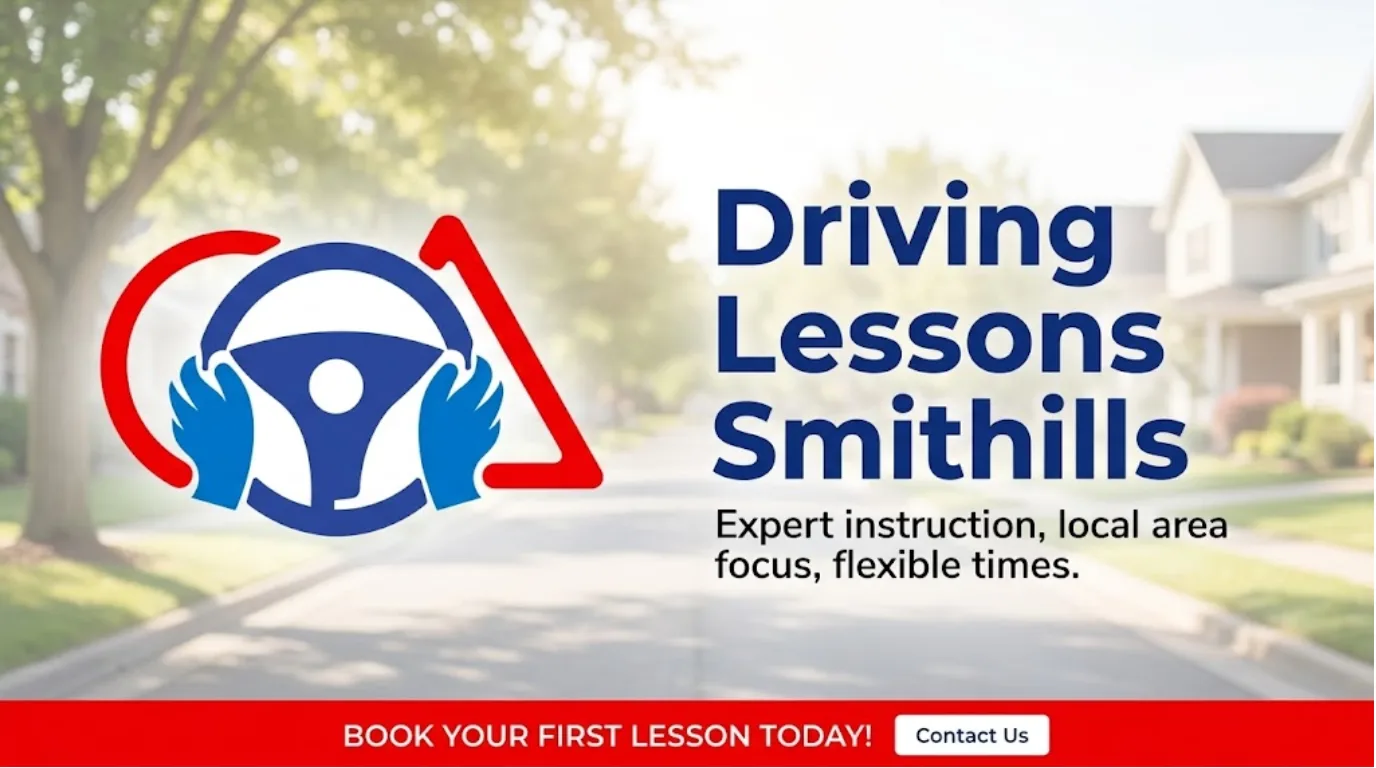 A marketing banner for SHAH Driving School featuring their steering wheel logo on the left against a blurred residential street background. The right side displays large navy blue text reading "Driving Lessons Smithills," followed by the tagline "Expert instruction, local area focus, flexible times." A solid red bar at the bottom includes the text "BOOK YOUR FIRST LESSON TODAY!" and a "Contact Us" button.