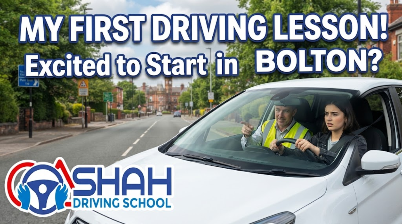 Shah Driving School student taking her first driving lesson in a dual-control car on a Bolton road with an instructor, featuring the Shah Driving School logo.