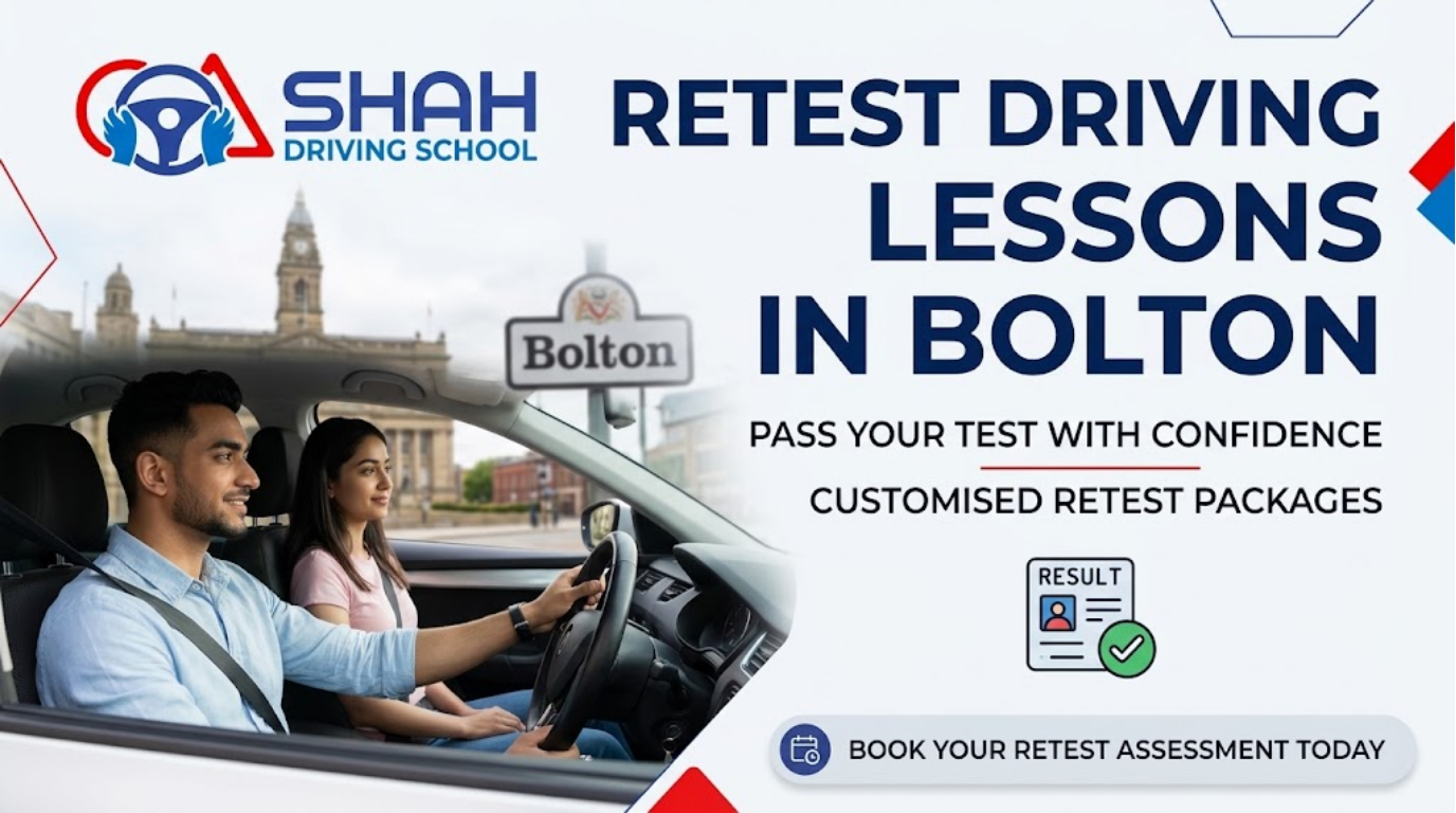 A promotional banner for Shah Driving School featuring a male instructor and a female student driver in a car. In the background, a Bolton town sign and historic architecture are visible. The banner includes the text "Retest Driving Lessons in Bolton" and "Shah Driving School" logo with contact details.