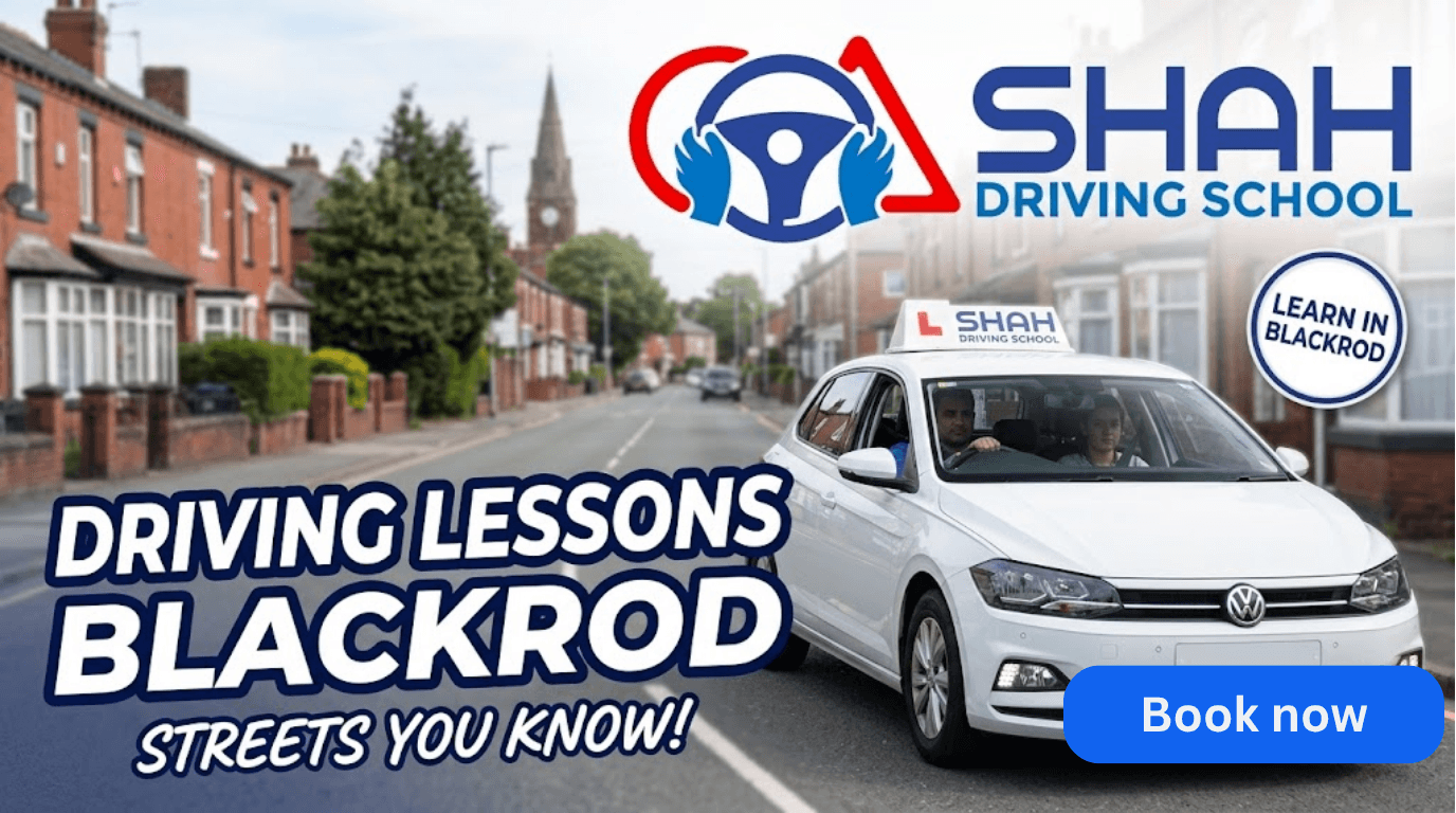 A YouTube video thumbnail with the text "Driving Lessons Blackrod," featuring a Shah Driving School car and a neighborhood street scene.