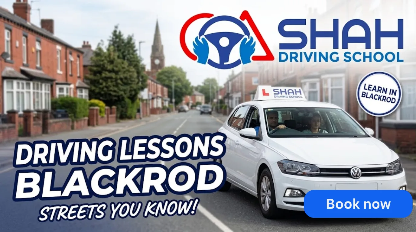 A YouTube video thumbnail with the text "Driving Lessons Blackrod," featuring a Shah Driving School car and a neighborhood street scene.