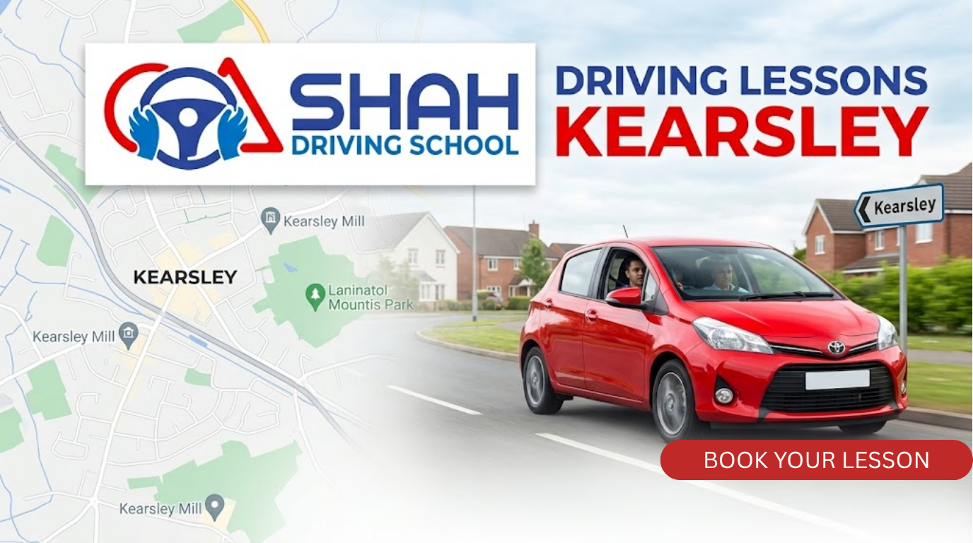 A promotional banner for Shah Driving School in Kearsley. The banner features a detailed map of the Kearsley area on the left and a photo of a red Toyota car being driven on a suburban street on the right. In the top-left, there is a large white box with the logo for Shah Driving School, which shows a stylized steering wheel being held by two blue hands and surrounded by a red circular arrow. To the right of the logo, the text "DRIVING LESSONS KEARSLEY" is written in blue and red letters. A road sign pointing left says "Kearsley".