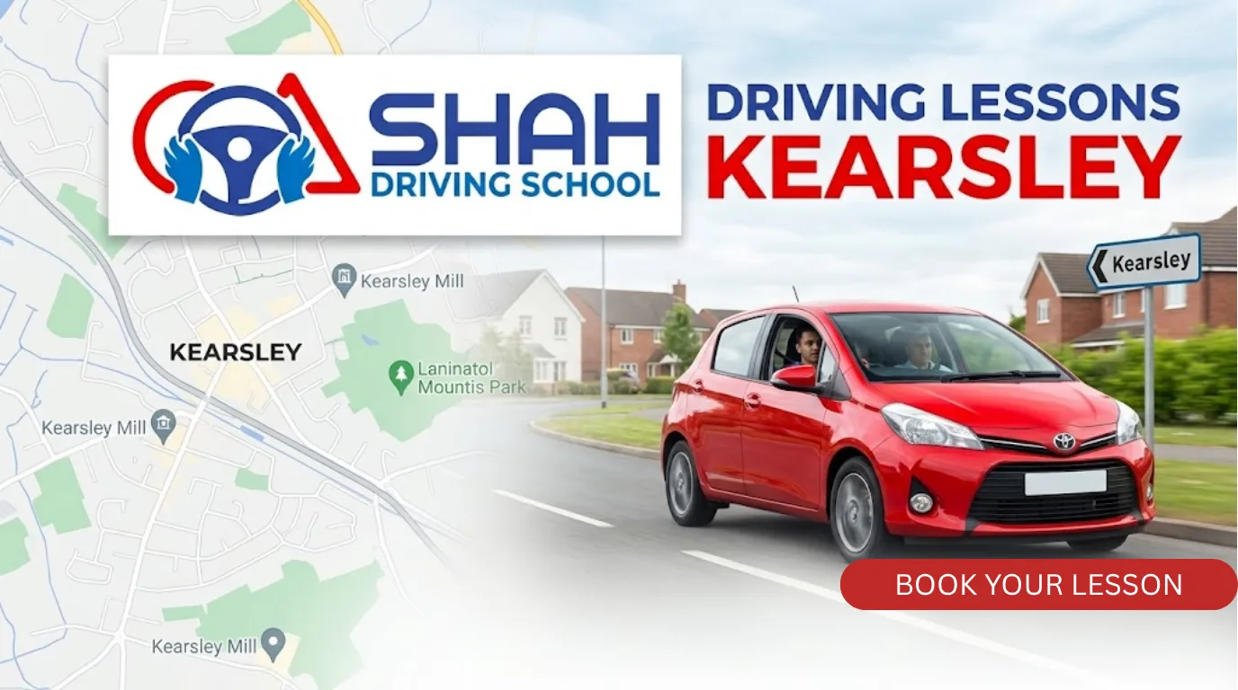 A promotional banner for Shah Driving School in Kearsley. The banner features a detailed map of the Kearsley area on the left and a photo of a red Toyota car being driven on a suburban street on the right. In the top-left, there is a large white box with the logo for Shah Driving School, which shows a stylized steering wheel being held by two blue hands and surrounded by a red circular arrow. To the right of the logo, the text "DRIVING LESSONS KEARSLEY" is written in blue and red letters. A road sign pointing left says "Kearsley".