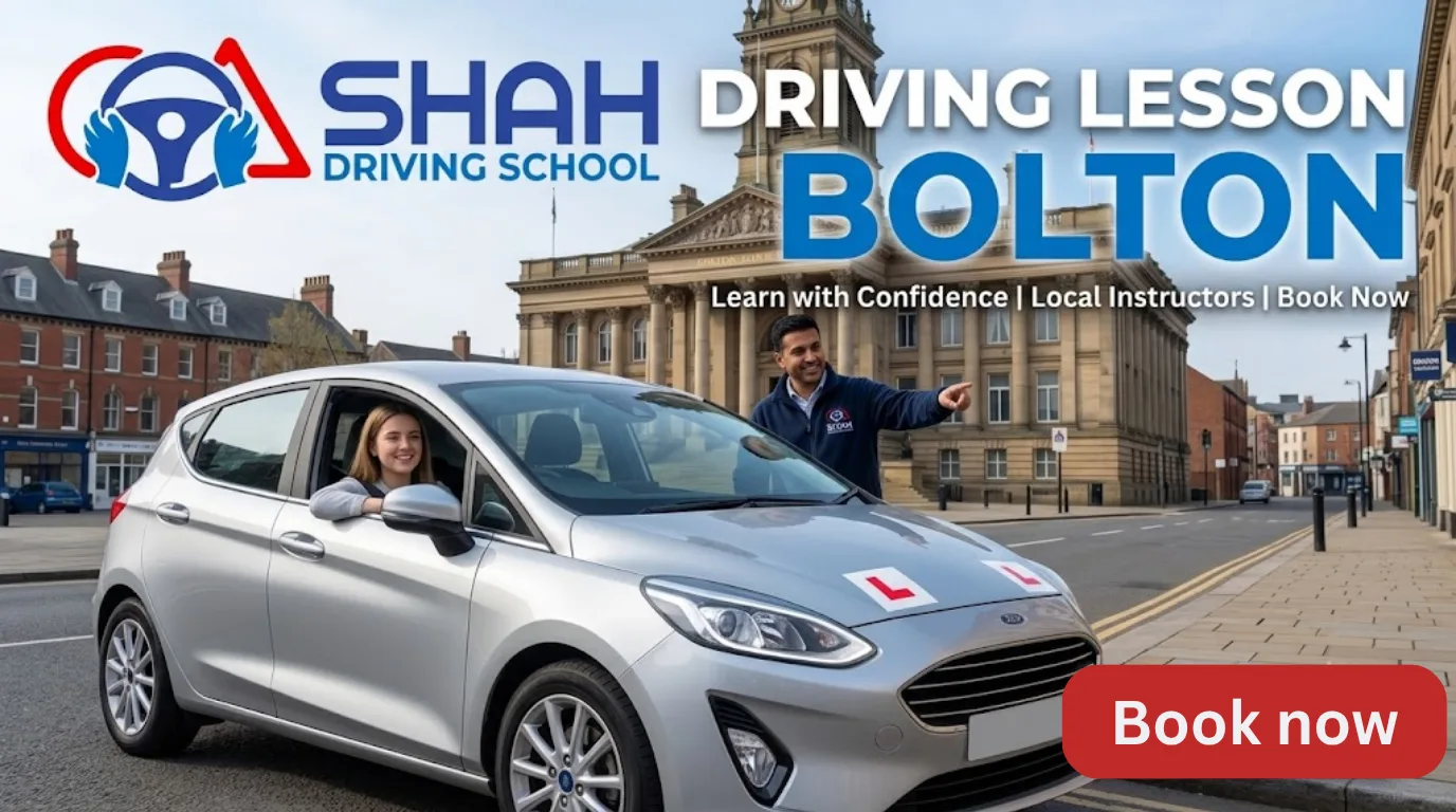 Shah Driving School blog banner featuring the company logo, a silver learner car with L-plates on a Bolton town street, and the text Driving Lesson Bolton.