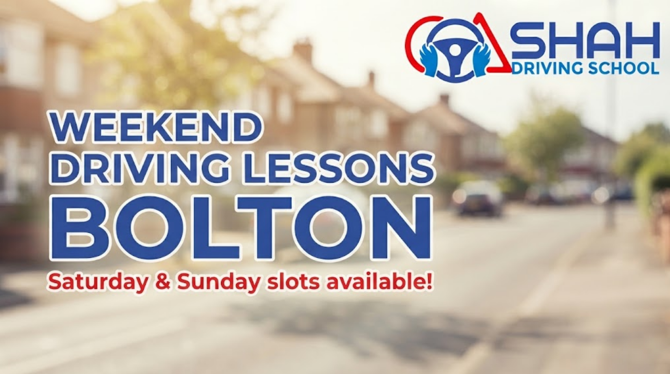 A promotional blog banner for Shah Driving School in Bolton, featuring a blurred residential street background and bold text: 'WEEKEND DRIVING LESSONS BOLTON'.