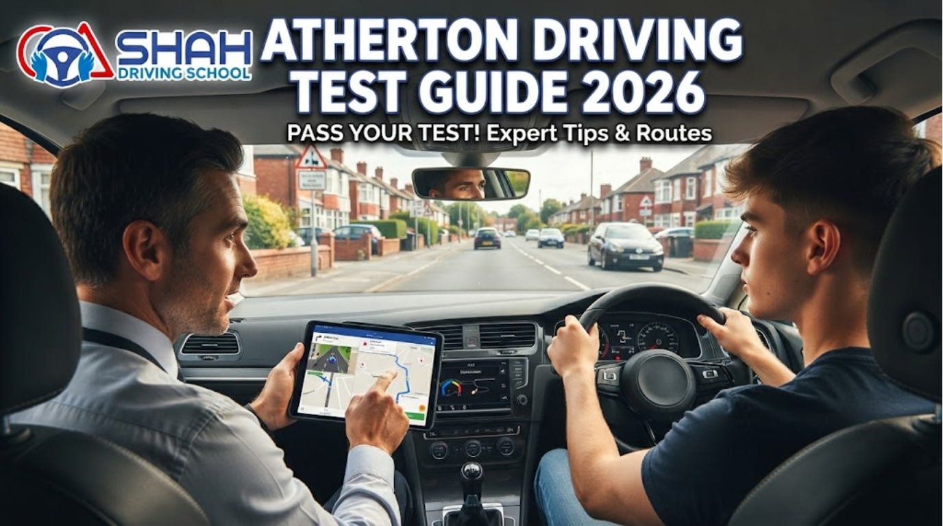 Atherton Driving Test Guide 2026, A driving instructor in a passenger seat of a car with a tablet, pointing a route to a young male driver, with the text "ATHERTON DRIVING TEST GUIDE 2026" and "SHAH DRIVING SCHOOL" logo visible.