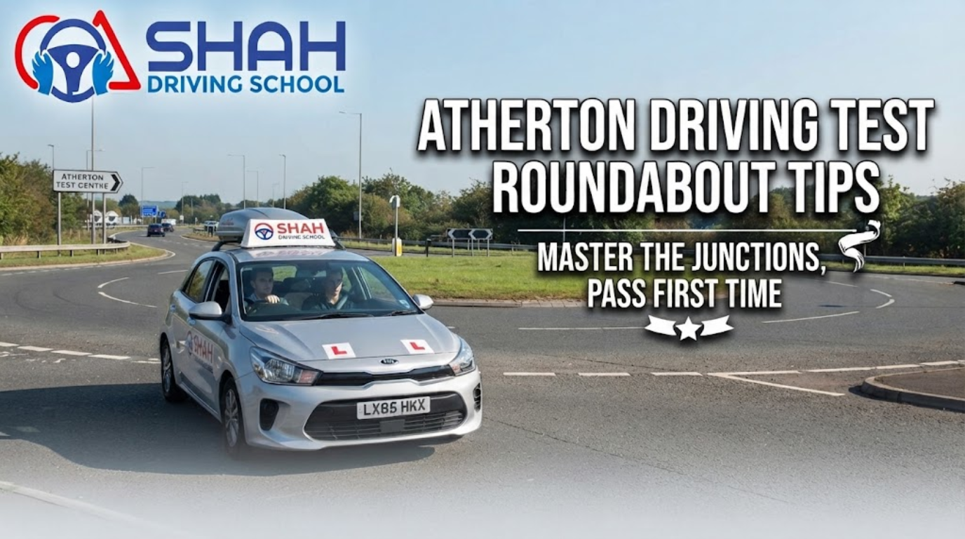 A promotional blog thumbnail for "Shah Driving School" featuring a silver Kia Rio learner car with "L" plates navigating a multi-lane roundabout in the UK. A road sign in the background points to "ATHERTON TEST CENTRE". Large white text on the right reads: "ATHERTON DRIVING TEST ROUNDABOUT TIPS - MASTER THE JUNCTIONS, PASS FIRST TIME". The Shah Driving School logo is in the top-left corner.