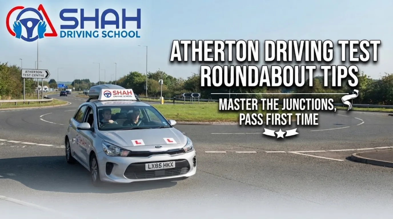 A promotional blog thumbnail for "Shah Driving School" featuring a silver Kia Rio learner car with "L" plates navigating a multi-lane roundabout in the UK. A road sign in the background points to "ATHERTON TEST CENTRE". Large white text on the right reads: "ATHERTON DRIVING TEST ROUNDABOUT TIPS - MASTER THE JUNCTIONS, PASS FIRST TIME". The Shah Driving School logo is in the top-left corner.