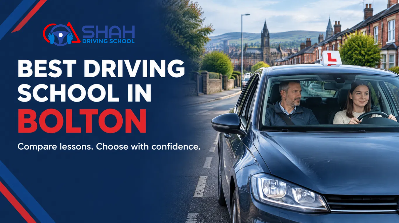 A student driver practicing on a Bolton street with a driving instructor in a dual-control car featuring an L-roof sign, under the text banner "Best Driving School in Bolton. Compare lessons. Choose with confidence."