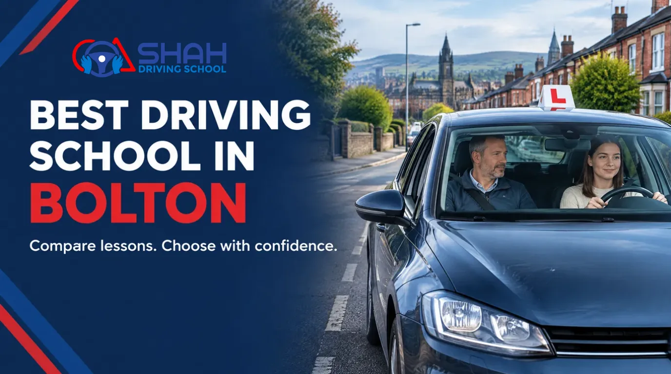 A student driver practicing on a Bolton street with a driving instructor in a dual-control car featuring an L-roof sign, under the text banner "Best Driving School in Bolton. Compare lessons. Choose with confidence."