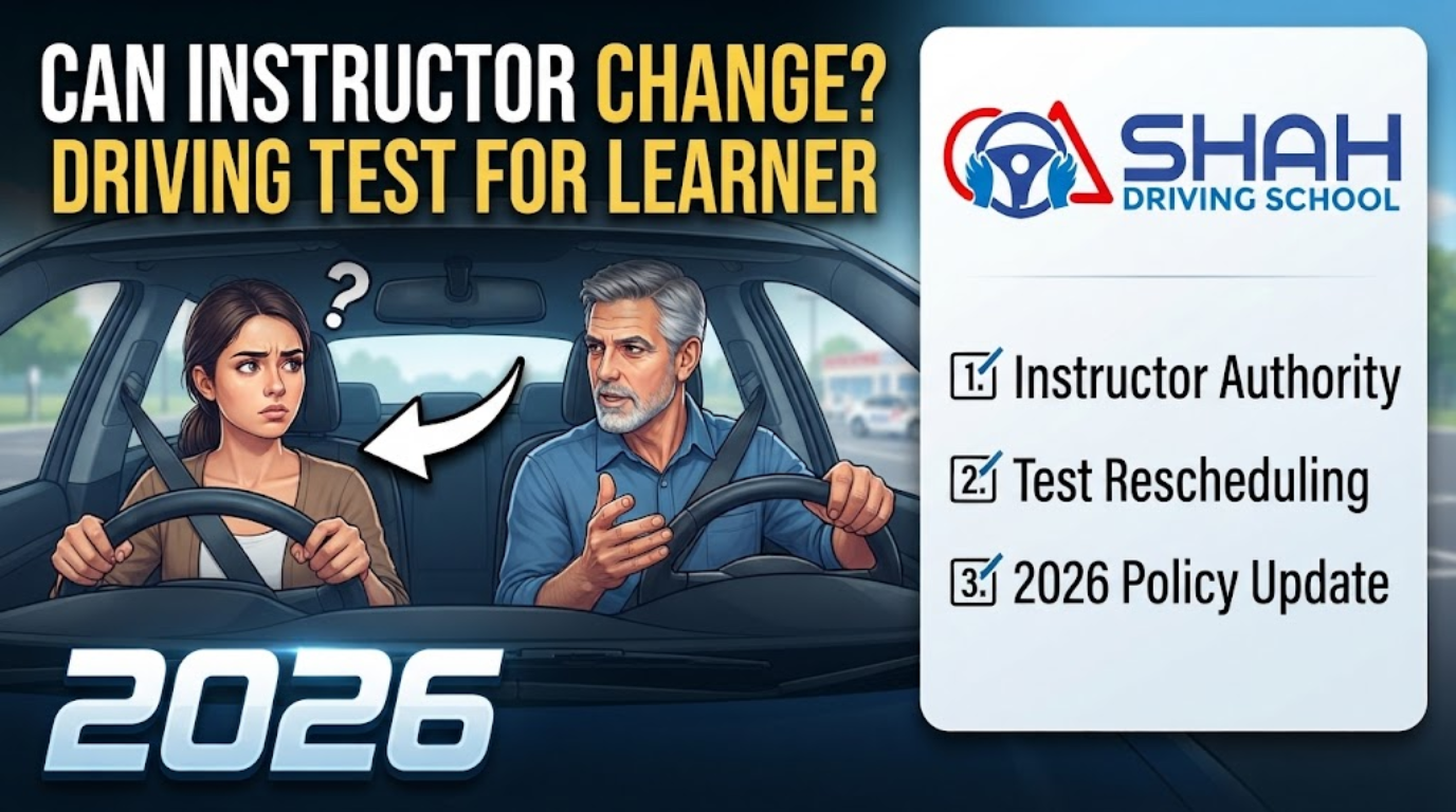 A blog thumbnail for Shah Driving School featuring a confused female learner driver looking at a male instructor in a car. Large text at the top reads "CAN INSTRUCTOR CHANGE? DRIVING TEST FOR LEARNER". An information box on the right with the Shah Driving School logo lists: "1. Instructor Authority", "2. Test Rescheduling", "3. 2026 Policy Update". The large number "2026" is at the bottom.